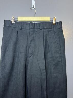 Dress Pants Mens 32x30 Black Herringbone Wool Pleated Cuffed Classic Fit